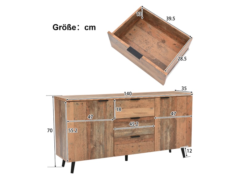  Buffet vintage marron 140 cm meuble tv avec 3 tiroirs et étagères réglables  - Conforama C
