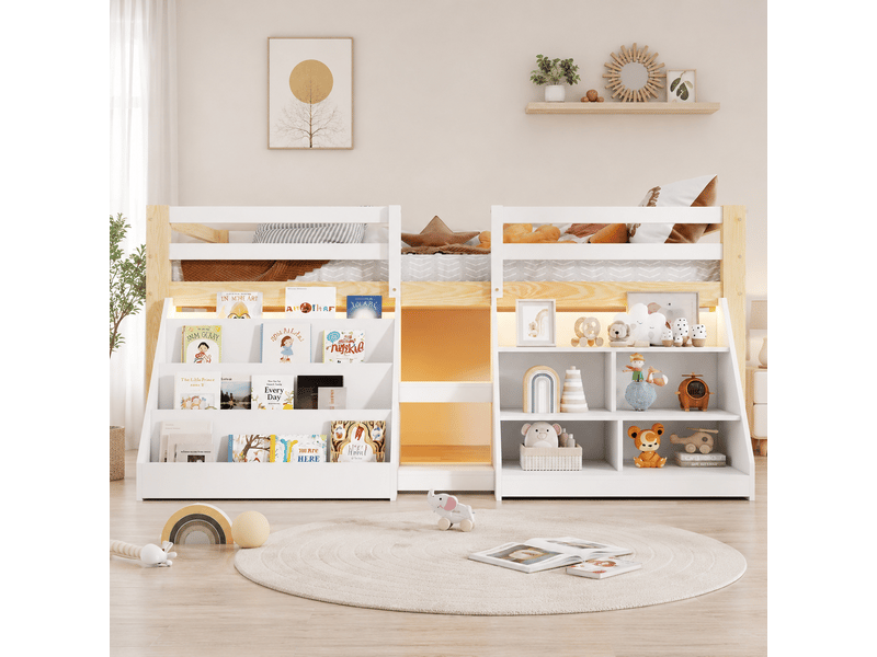  Lit enfant mi-hauteur 90 x 200 cm avec étagères, led intégrée, barrière de sécurité et échelle, pin, blanc et naturel Bliss Lite - Conforama D
