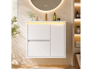 Meuble salle de bain suspendu 61 cm avec vasque en céramique intégrée, meuble vasque blanc laqué, éclairage led capteur