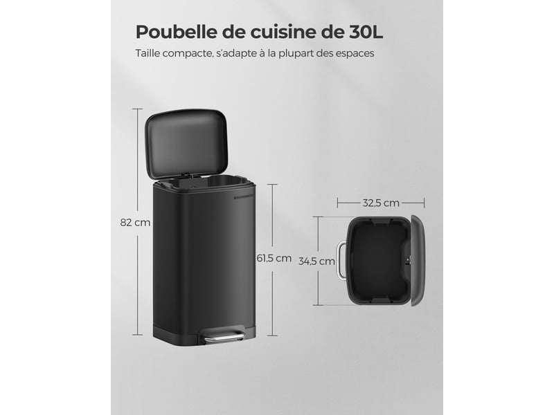 Poubelle de cuisine à pédale 34,5 x 32,5 x 61,5 cm design moderne pratique 30 l en acier inoxydable noir 12_0008510  - Conforama B