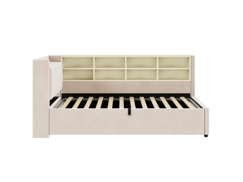  Lit coffre 90x200 cm, lit simple avec veilleuse et usb-c, velours beige, sans matelas  - Conforama E