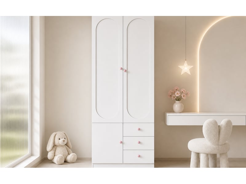  Armoire enfant 2 portes avec penderie et 3 tiroirs - lpospi - rangement anti-basculement mdf blanc 80 × 50 × 200 cm  - Conforama E