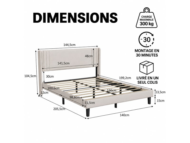  Lit adulte 140x200 cm, lit 2 places avec sommier à lattes, cadre de lit avec tête de lit capitonnée, lit double rembourré, lin beige  - Conforama C