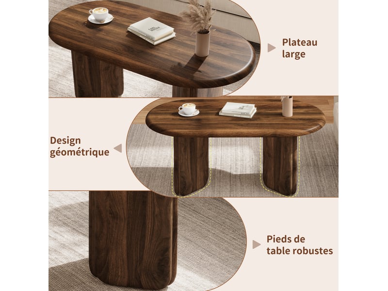  Table basse ovale 99x50x40 cm – noyer – plateau en mdf, pieds arrondis et charge maximale de 40 kg  - Conforama E