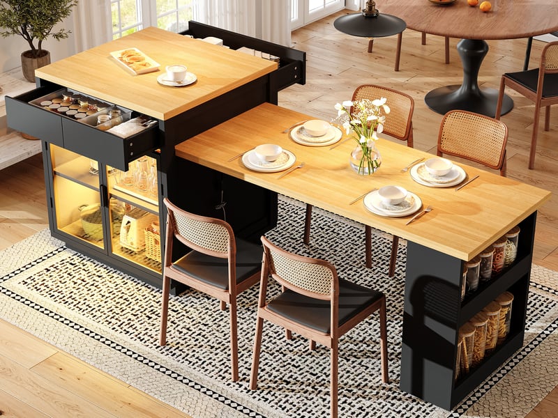  Îlot de cuisine extensible, 122 × 59 × 94 cm, 2 portes et 2 tiroirs, mdf, noir, plateau extensible de 122 à 194,5 cm  - Conforama B