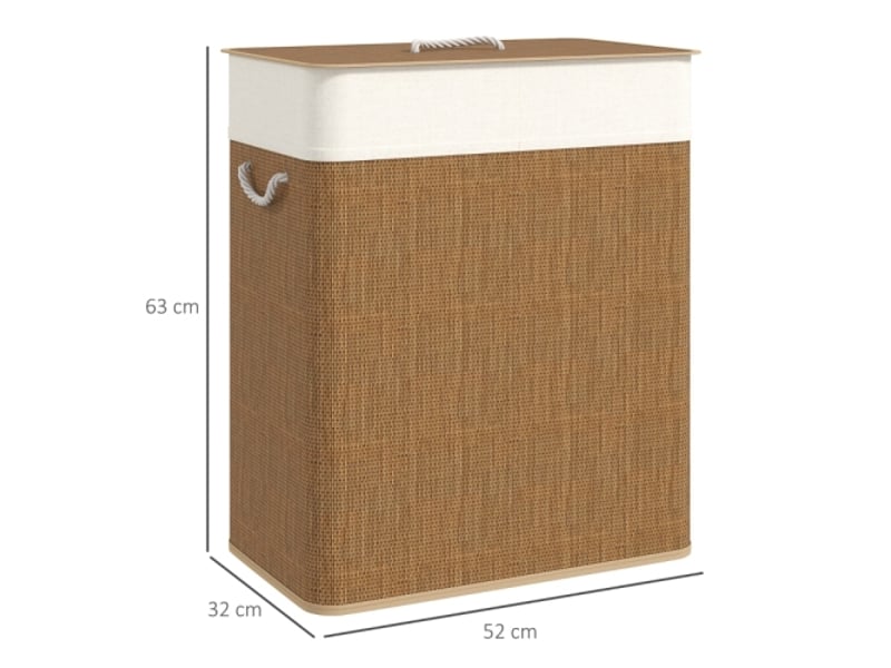  Panier à linge en bambou 100 l avec couvercle, sac amovible, poignées en corde, marron  - Conforama E