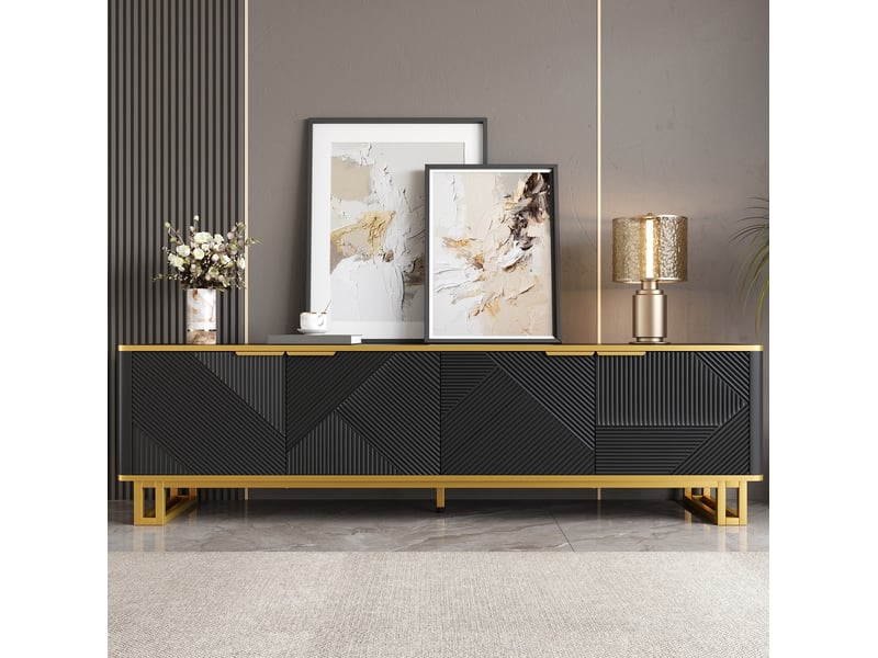  Meuble tv bas 160 x 37,5 x 48 cm à 4 portes géométriques, mdf noir et doré  - Conforama E