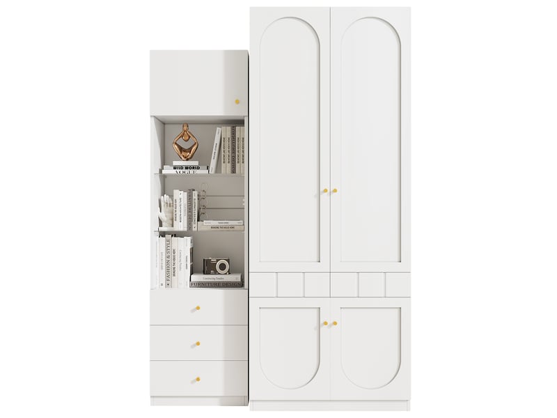 Ensemble armoire 2 portes 80x50x200 cm avec penderie et tiroirs + vitrine 50x40x180 cm avec étagères et tiroirs, rangement chambre en mdf blanc - Conforama A