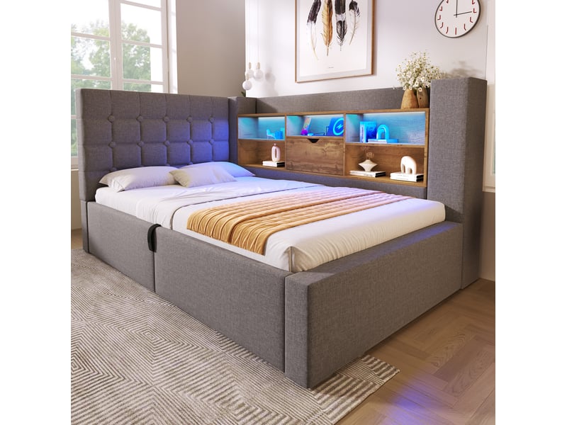  Modenvie lit coffre 90x200 cm - led, ports usb et usb-c, tete de lit en l, sans matelas - gris  - Conforama D