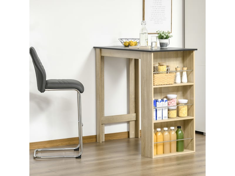  Table de bar table haute de cuisine mange-debout comptoir - dim. 112l x 57l x 106h cm - 3 étagères - aspect chêne clair noir  - Conforama A
