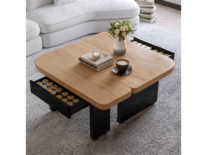 Tables basses gigognes avec 2 tiroirs et led, pieds réglables, pour salon en mdf, naturel et noir - uvrion - Conforama C