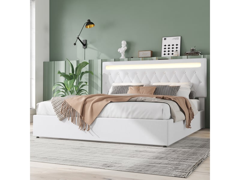  Lit coffre adulte 180x200cm, lit double avec led, usb, tête de lit réglable haut, sommier, tissu lin, blanc sans matelas  - Conforama W