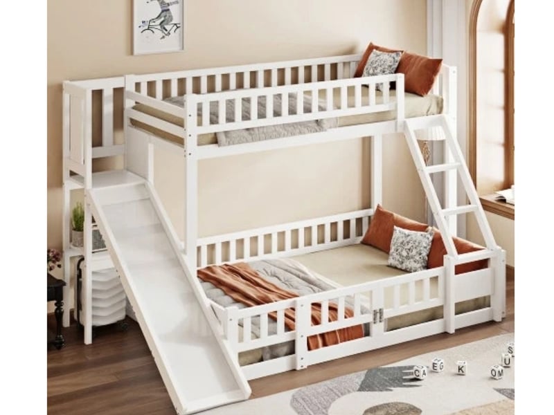 Lit superposé 90×200 + 140×200, toboggan, garde-corps, pin, en747, blanc - Conforama D