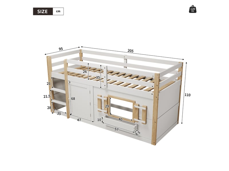 Lit mezzanine enfant 90x200 cm avec espace de jeu inférieur-échelle et barrières-structure en bois-blanc  - Conforama C