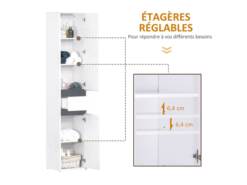 Meuble colonne rangement salle de bain style contemporain 2 placards 3 étagères et tiroir coulissant panneaux particules blanc - Conforama R