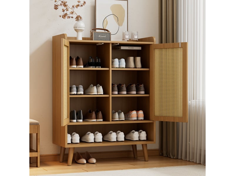  Meuble à chaussures 80x35x105 cm avec 2 portes effet cannage, 5 étagères, ouverture push-to-open et pieds bois - Chêne clair Fay Lum - Conforama E