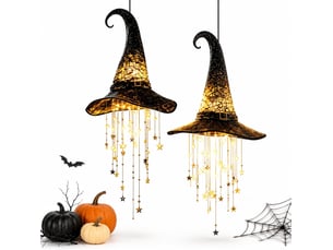 2 pièces décoration halloween suspendue, chapeau de sorcière lumineux led avec étoiles en cascade, pour porche, terrasse et entrée