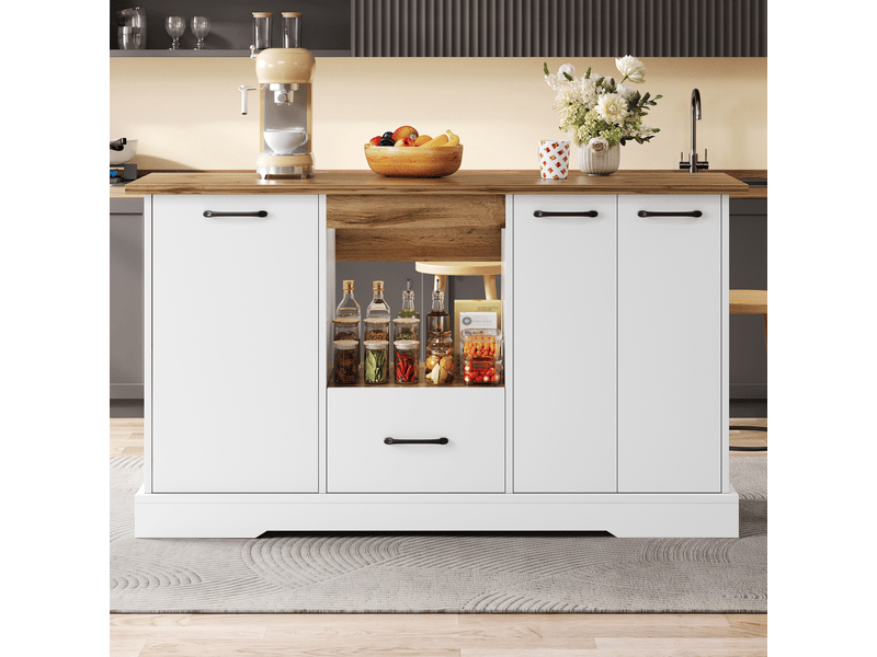  Desserte de cuisine avec 4 tiroirs, étagères réglables et plateau rabattable en mdf 150×65×80 cm blanc naturel  - Conforama B