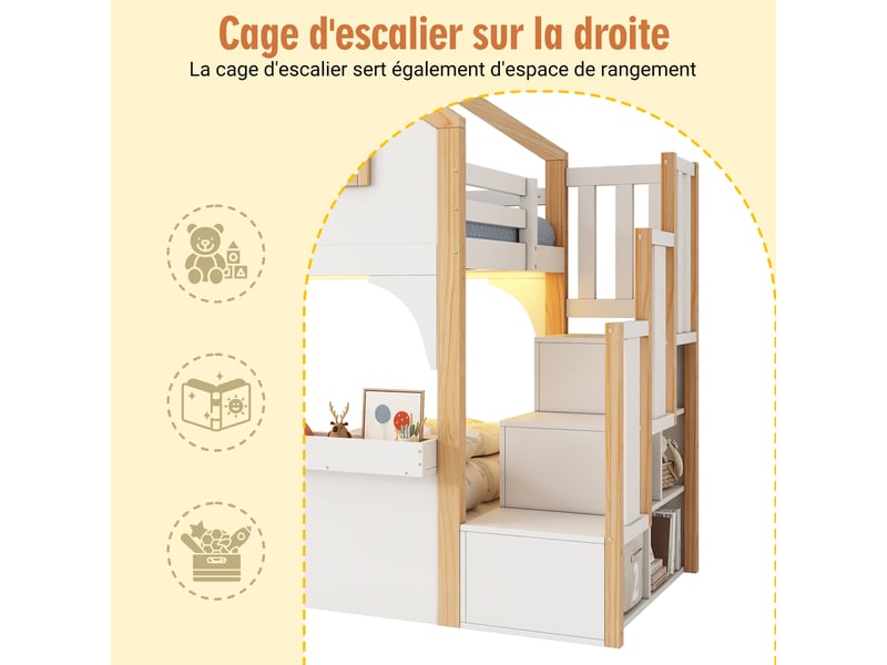  Lit cabane enfant 90x200, lit superposé avec escalier de rangement, éclairage led, finition bicolore blanc et bois naturel.  - Conforama E