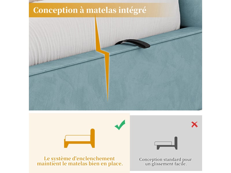  Lit banquette 90 x 200 cm avec led, usbusb-c et coffre hydraulique - lit simple rembourré avec sommier à lattes et tête de lit en velours bleu Fay Lum - Conforama R