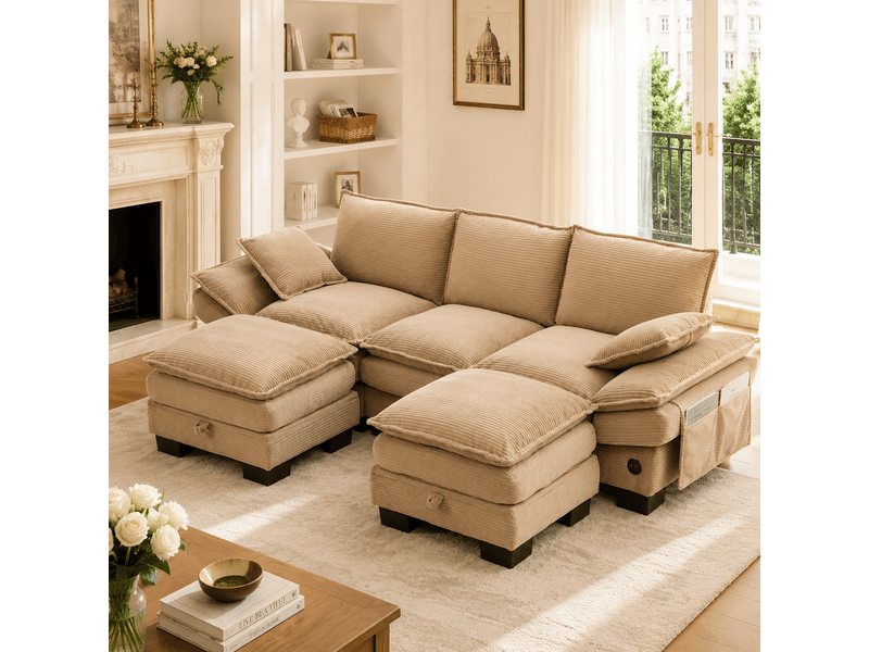 Canapé d'angle 3 places en velours côtelé kaki avec 2 poufs et coffre de rangement intégré  - Conforama B