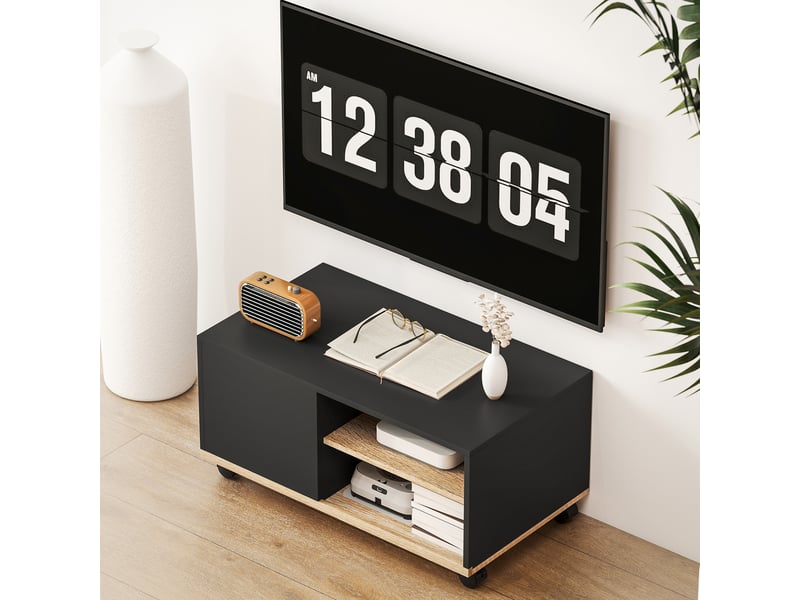  Meuble tv sur roulettes avec 2 freins - en bois noir chêne clair - 2 niches + placard porte 2 passe-fil  - Conforama W