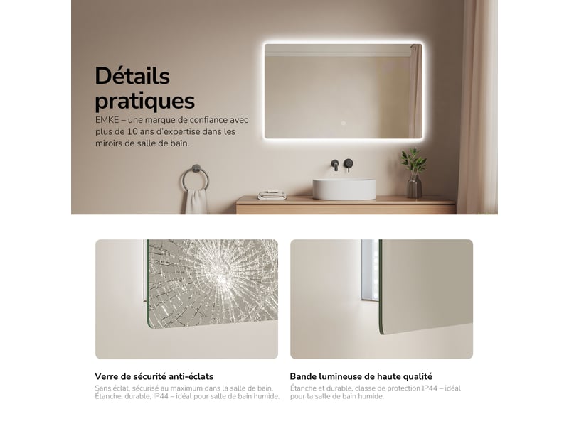  Emke miroir led salle de bain rétroéclairé 60 x 100 cm, interrupteur tactile, intensité réglable, fonction mémoire, blanc froid  - Conforama D