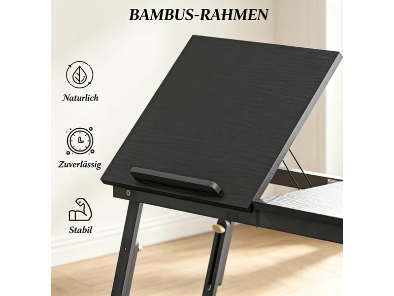  Table de lit pliable pour ordinateur portable en bambou noir, hauteur réglable et plateau inclinable 30° à 60°  - Conforama D