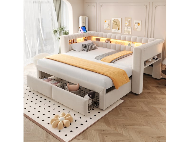 Canapé-lit gigogne modenvie 90 x 190 cm extensible 180 x 190 cm avec tiroirs, rangements, led, usb et type-c, velours beige - Conforama B