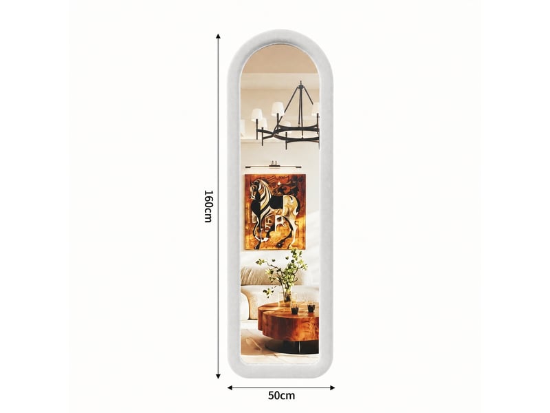  Miroir pleine longueur 160x50 cm, dressing rectangle arqué, pour chambre et salon, cadre en velours style romantique, avec pied u, blanc  - Conforama E