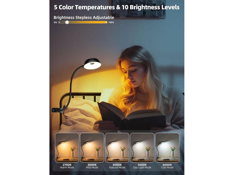  Lampe led clip – 10 niveaux luminosité, 5 modes couleur, flexible, lecture et chevet, pince pour lit, bureau, table, dortoir, lumière douce  - Conforama B