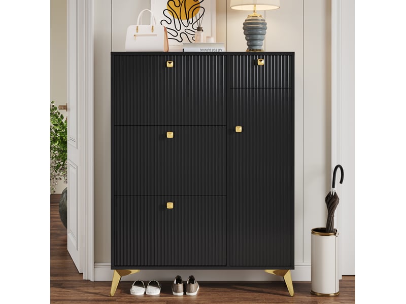  Meuble à chaussures 90x25x121 cm, rangement multifonction, panneaux de particules, mdf et métal noir  - Conforama B