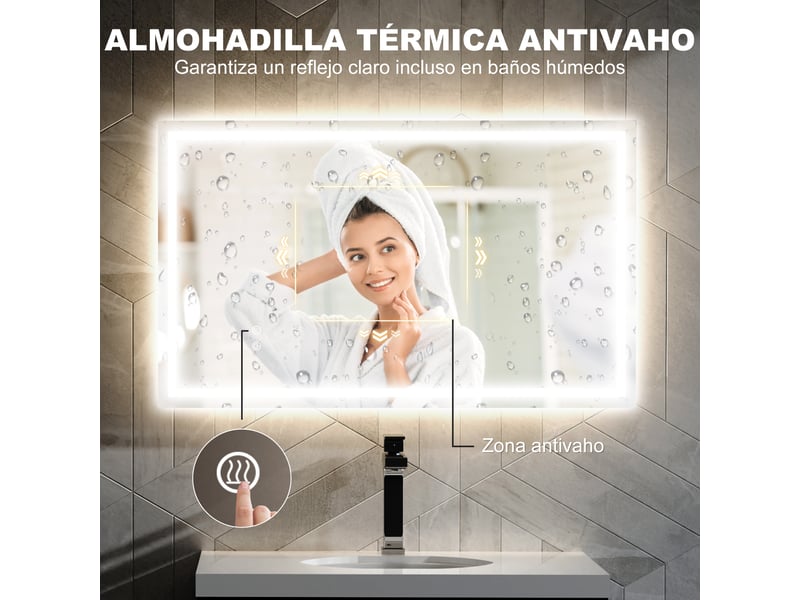  Miroir led de salle de bain rétroéclairé anti-buée rectangulaire 100x60 cm, intensité réglable (100)  - Conforama W