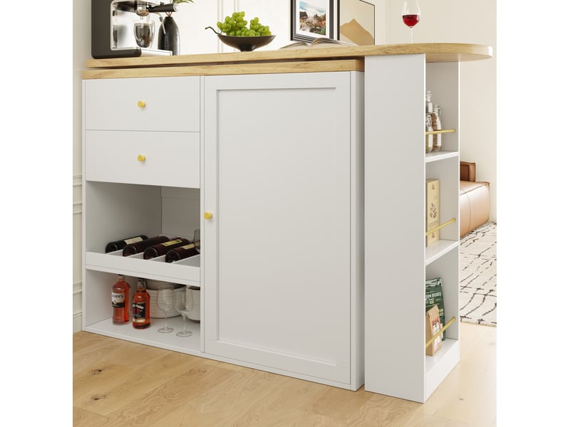 Table bar pivotante 360° avec rangement, 2 tiroirs et étagères, blanche en mdf  - Conforama D