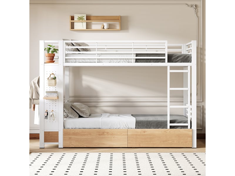 Lit superposé 90x200 cm avec cadre métal - 4 tiroirs - étagères multiples - led - panneau perforé - barre à vêtements - espace de rangement - mdf - blanc CozyNest - Conforama D