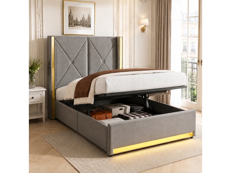  Lit coffre 90 x 200 cm en velours gris foncé, tête haute capitonnée, ouverture hydraulique, usb, usb-c et led  - Conforama B