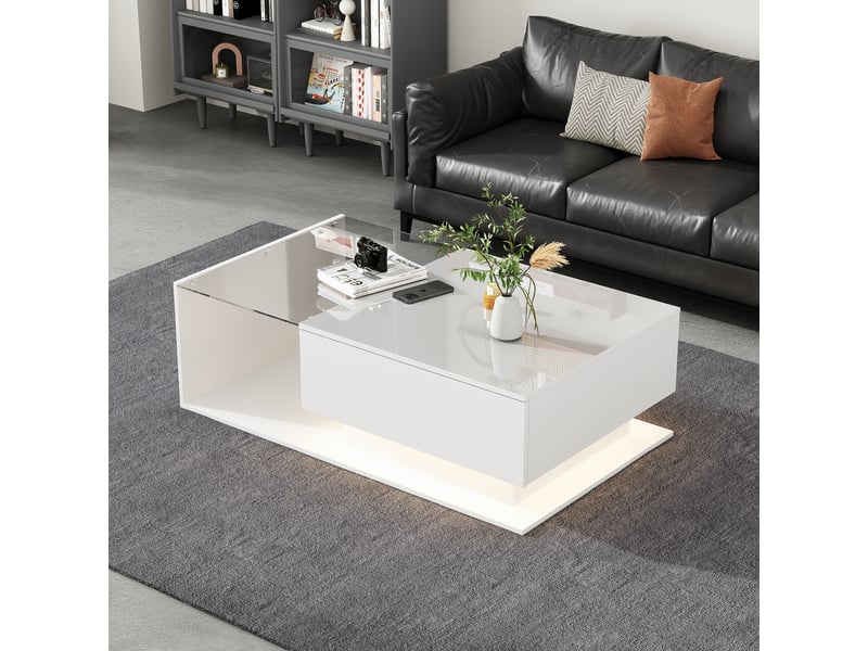  Table basse 100x50x32 cm avec plateau en verre, éclairage led, tiroir de rangement, finition blanc brillant, design moderne pour salon - blanc  - Conforama C