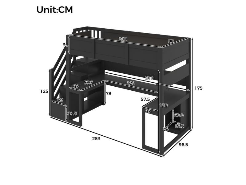 Lit mezzanine enfant 90x200 cm – noir – bureau gaming, led 7 couleurs, usb, escalier rangement - sans matelas - Conforama C