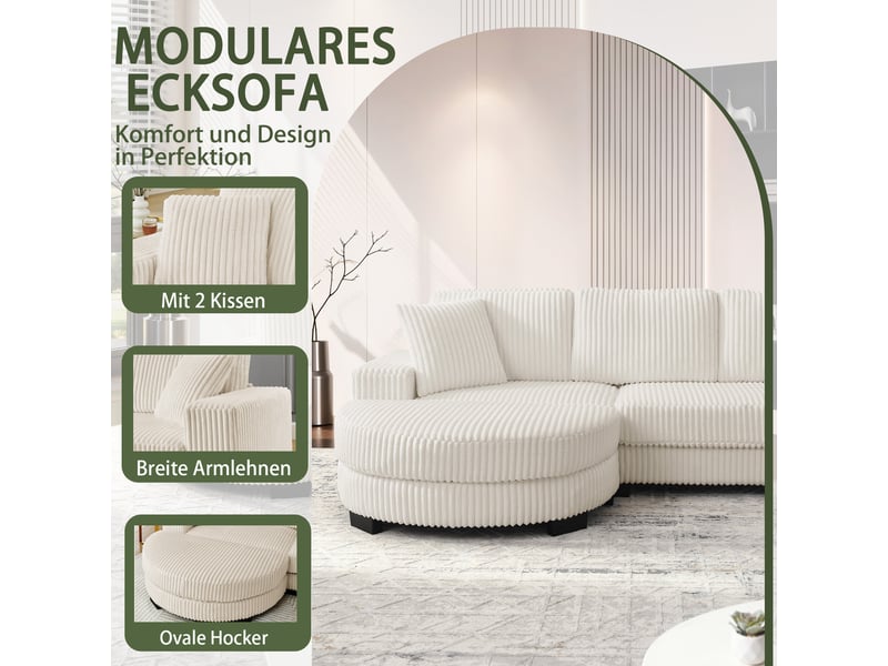  Canapé d'angle, canapé modulable, 4 places, en velours tricoté, beige, 2 coussins inclus, 256,5 x 133,5 x 89 cm, avec pouf  - Conforama D