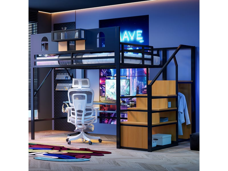Lit mezzanine 140 x 200 cm, avec échelle et bande lumineuse, compartiments de rangement, structure métallique, noir - Conforama D