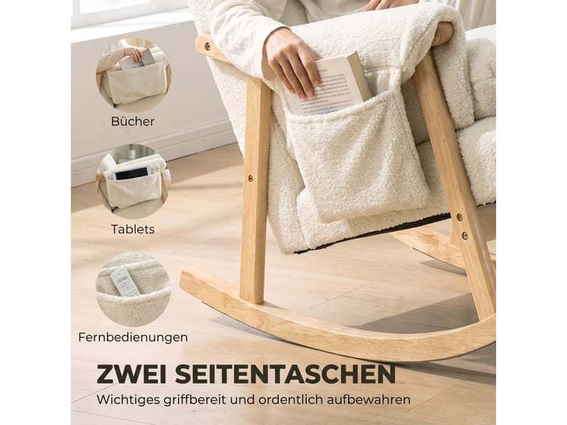 Fauteuil à bascule avec poches latérales, revêtement en flanelle et pieds en bois d'hévéa, blanc crème - Conforama W