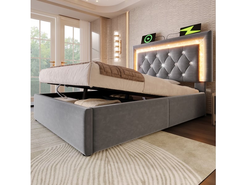 Lit coffre simple 90x200cm design moderne tête à led bande diamant charge usb type-c velours gris sans matelas - Conforama W