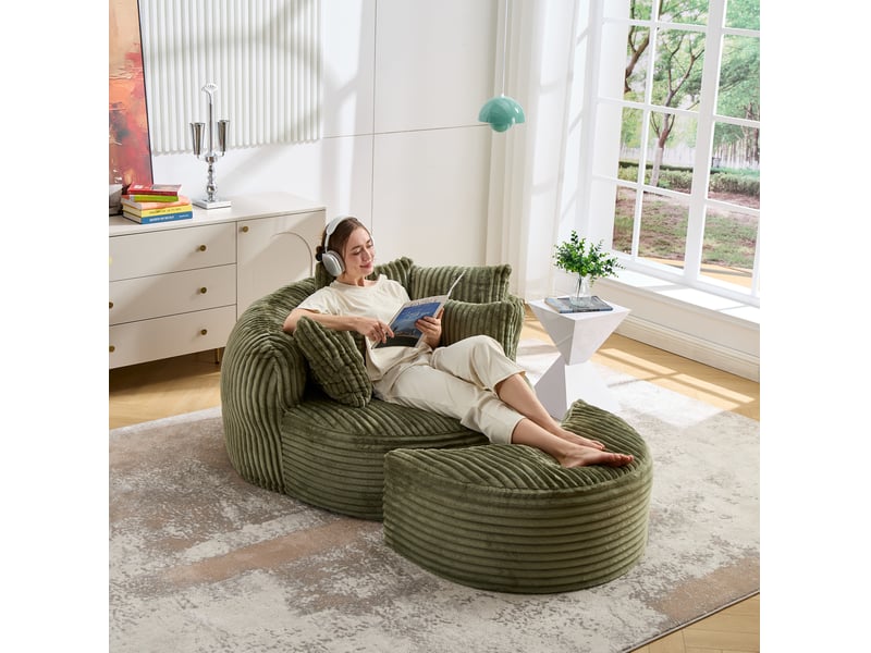  Fauteuil relax 168x123x63 cm avec repose-pieds en velours côtelé vert  - Conforama E