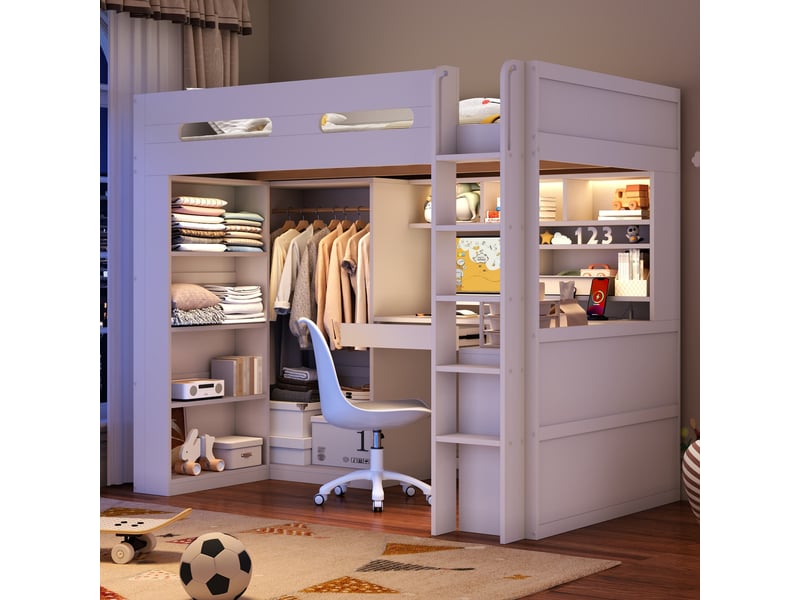 Lit mezzanine 90x200 cm – lit enfant gain de place avec bureau intégré penderie 1 tiroir et led – bois de pin – blanc CozyNest - Conforama E