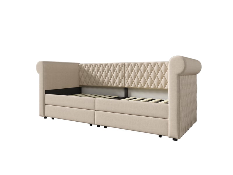  Lit jeune 90x200 cm avec 2 tiroirs et dossier incurvé, lin, beige, sans matelas  - Conforama D