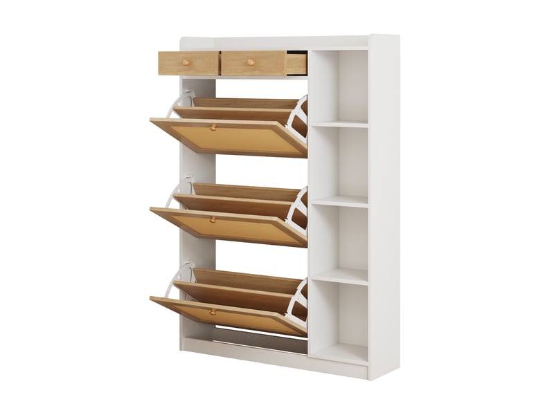  Meuble à chaussures oslo rotin 90x24x130 cm, 3 abattants, 2 tiroirs &amp; étagères latérales  - Conforama D