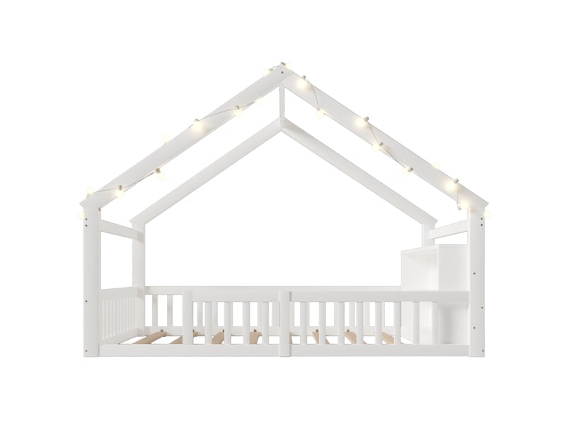 Lit enfant blanc 140x190 cm en pin, garde-corps, led et cadre style maison - Conforama A