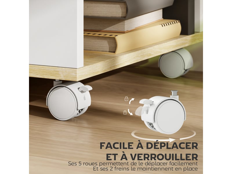  Meuble tv avec roulettes 120 cm, meuble télé pour téléviseur jusqu'à 55 pouces, blanc et naturel, 2 étagères ouvertes  - Conforama R