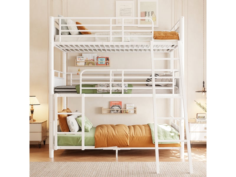  Lit superposé enfant 90 × 200 cm 3 places avec 2 échelles et barrières, sans matelas, métal et bois blanc  - Conforama E