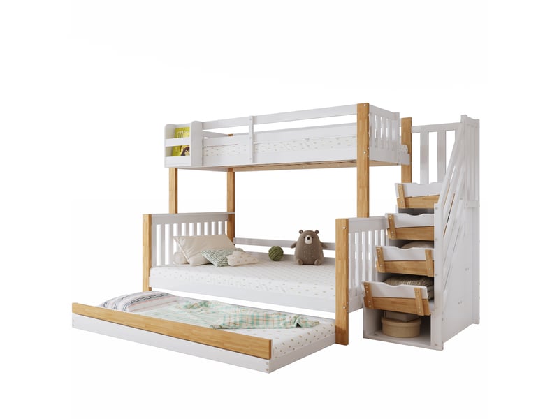  Lit superposé 254x216,5x165 cm avec lit tiroir, escalier de rangement, bois et mdf, blanc et naturel  - Conforama A